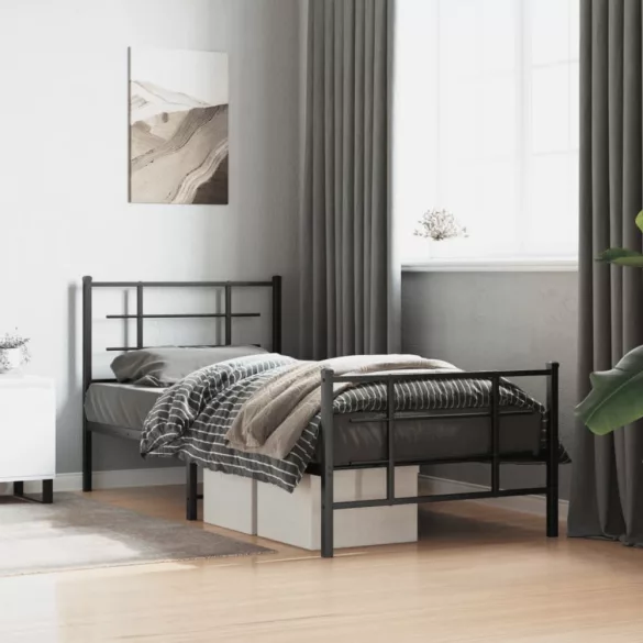 fekete fém ágykeret fej- és lábtámlával 90 x 200 cm