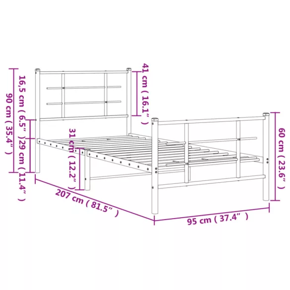 fekete fém ágykeret fej- és lábtámlával 90 x 200 cm