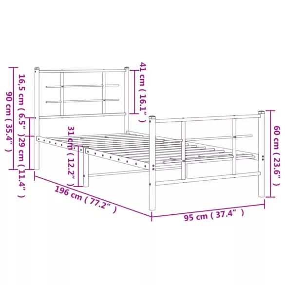 fehér fém ágykeret fej- és lábtámlával 90 x 190 cm
