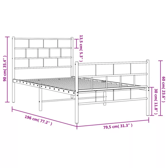 fekete fém ágykeret fej- és lábtámlával 75 x 190 cm