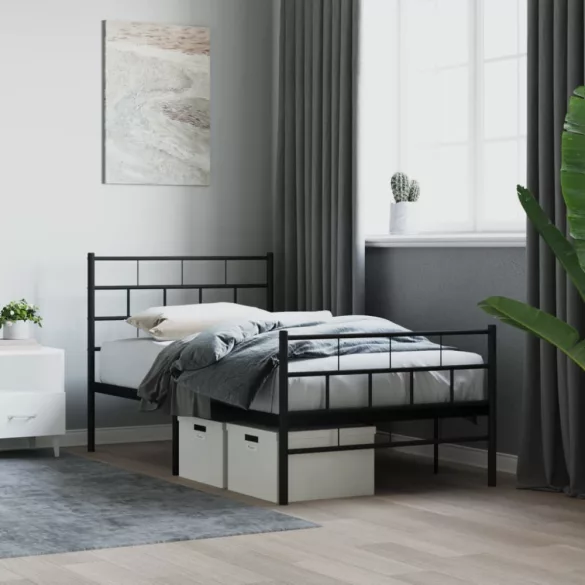 fekete fém ágykeret fej- és lábtámlával 90 x 190 cm