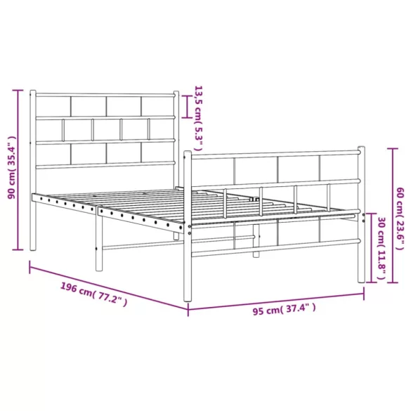 fekete fém ágykeret fej- és lábtámlával 90 x 190 cm