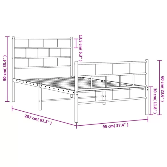 fekete fém ágykeret fej- és lábtámlával 90 x 200 cm