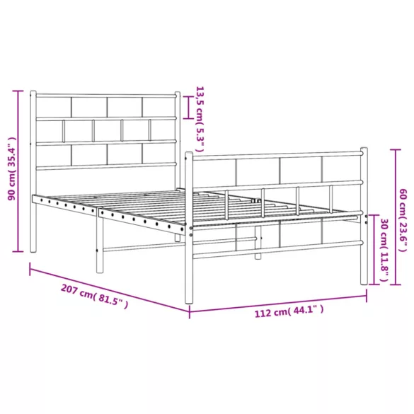 fehér fém ágykeret fej- és lábtámlával 107 x 203 cm