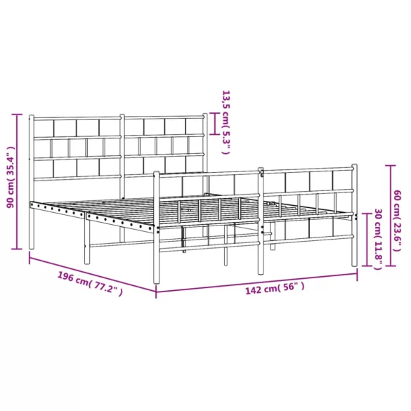 fehér fém ágykeret fej- és lábtámlával 135x190 cm