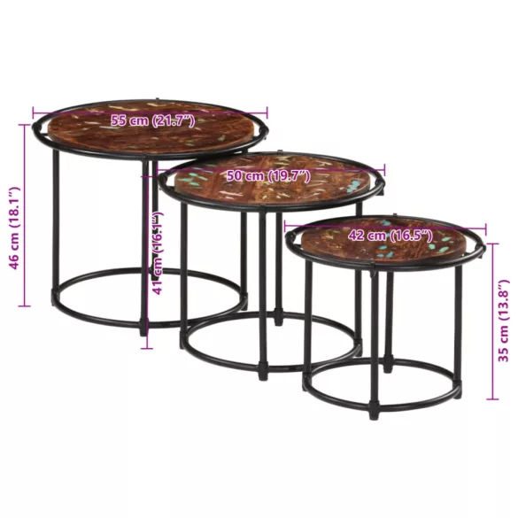 3 db tömör újrahasznosított fa rakásolható asztal