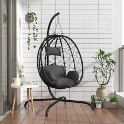   antracitszürke polyrattan és acél függő tojás alakú szék párnával