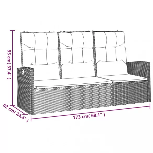 fekete polyrattan dönthető kerti pad párnával 173 cm
