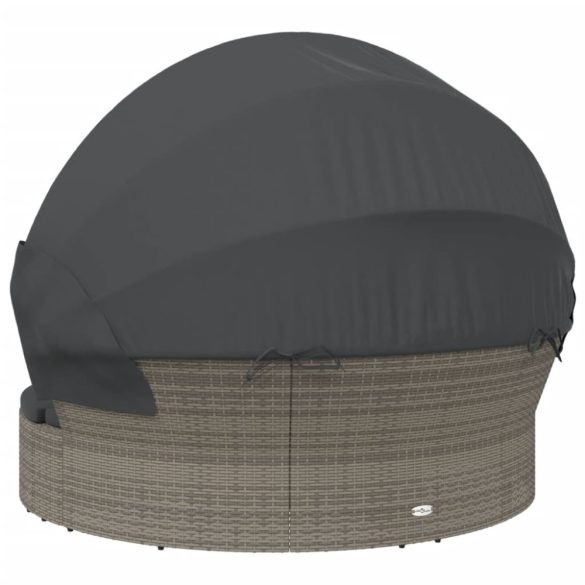 szürke polyrattan kültéri napozóágy napellenzővel és párnákkal