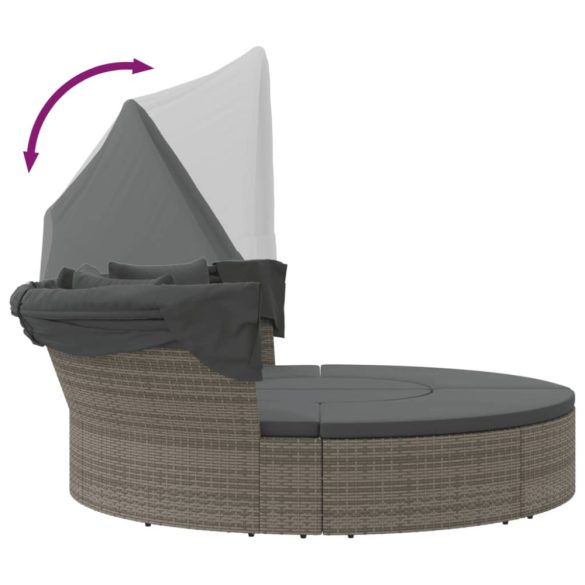 szürke polyrattan kültéri napozóágy napellenzővel és párnákkal