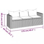 fekete 3 személyes polyrattan kerti kanapé párnákkal