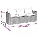 3 személyes szürke polyrattan kerti kanapé párnával