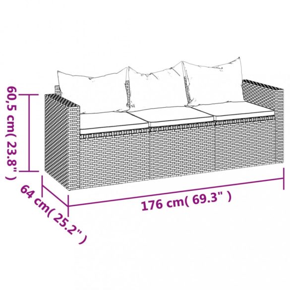 3 személyes szürke polyrattan kerti kanapé párnával