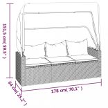 3-személyes fekete polyrattan kanapé tetővel és lábtartóval