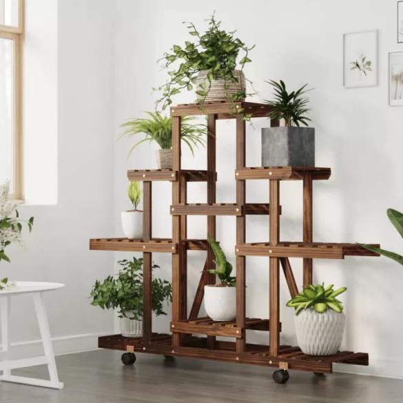 tömör fenyőfa virágtartó állvány kerekekkel 110 x 25 x 101 cm