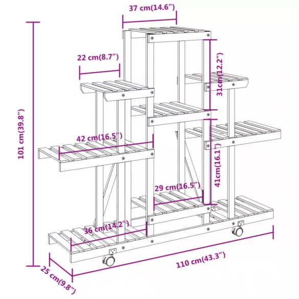 tömör fenyőfa virágtartó állvány kerekekkel 110 x 25 x 101 cm