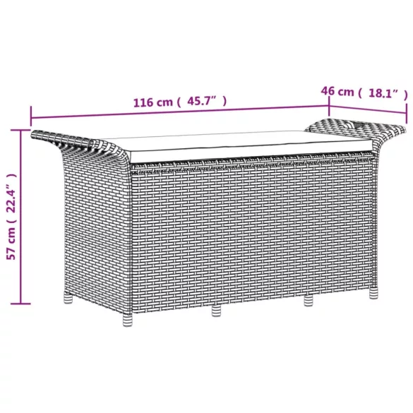fekete polyrattan kerti pad párnával 116 x 46 x 57 cm
