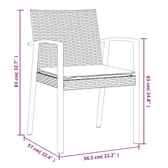 2 db fekete polyrattan kerti szék párnával 56,5 x 57 x 83 cm