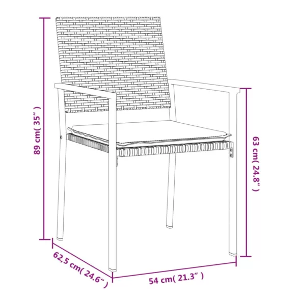 2 db fekete polyrattan kerti szék párnával 56 x 62,5 x 89 cm