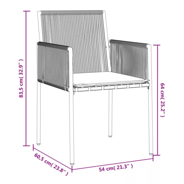 2 db fekete polyrattan kerti szék párnával 54 x 60,5 x 83,5 cm