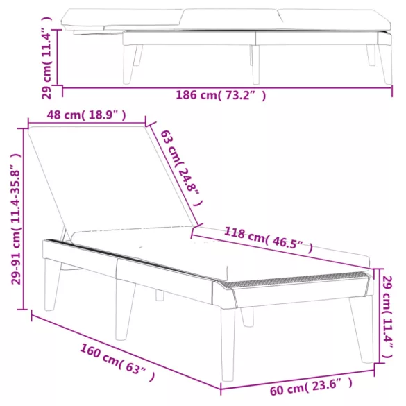 antracitszürke PP napozóágy párnával 186 x 60 x 29 cm