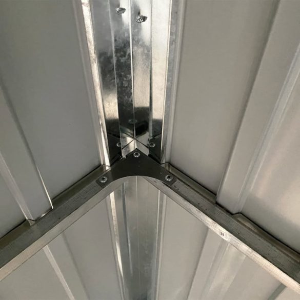 világosszürke acél kerti fészer meghosszabbított tetővel 277 x 107 x 181 cm