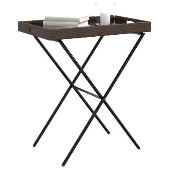 barna összecsukható polyrattan tálcaasztal 65 x 40 x 75 cm