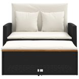 2 személyes fekete polyrattan/akácfa kerti kanapé párnával