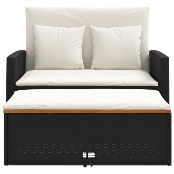 2 személyes fekete polyrattan/akácfa kerti kanapé párnával