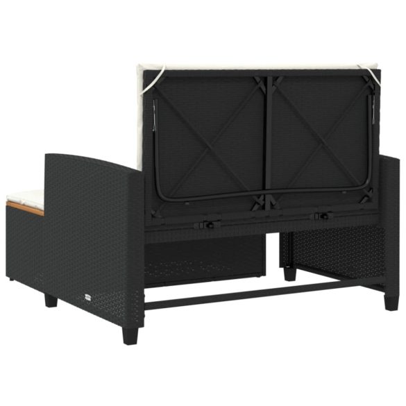 2 személyes fekete polyrattan/akácfa kerti kanapé párnával