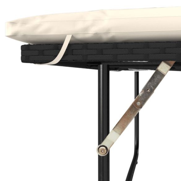 2 személyes fekete polyrattan/akácfa kerti kanapé párnával