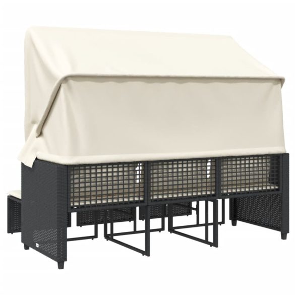 3 személyes fekete polyrattan kerti kanapé baldachinnal/székkel