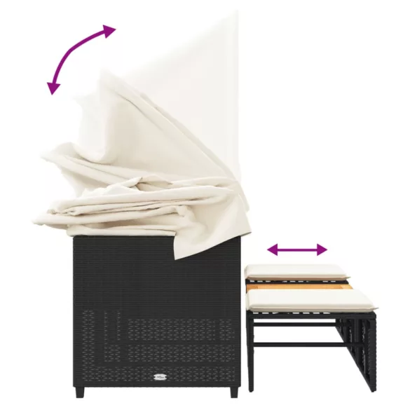 3 személyes fekete polyrattan kerti kanapé baldachinnal/székkel