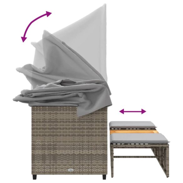 3 személyes szürke polyrattan kerti kanapé baldachinnal/székkel