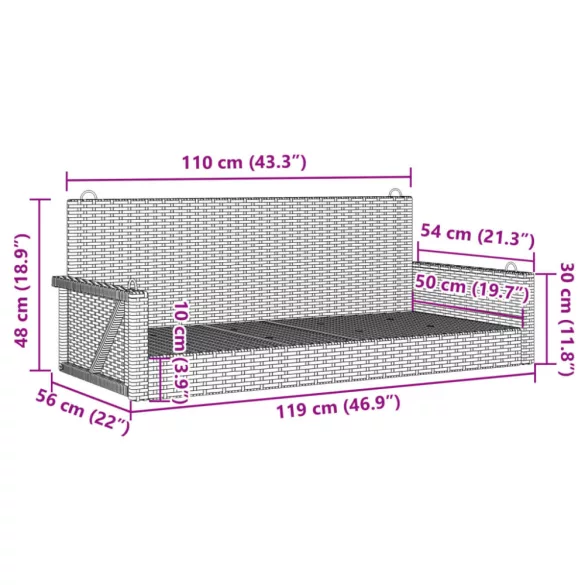 fekete polyrattan hintapad 119 x 56 x 48 cm