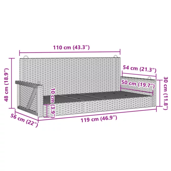 barna polyrattan hintapad 119 x 56 x 48 cm