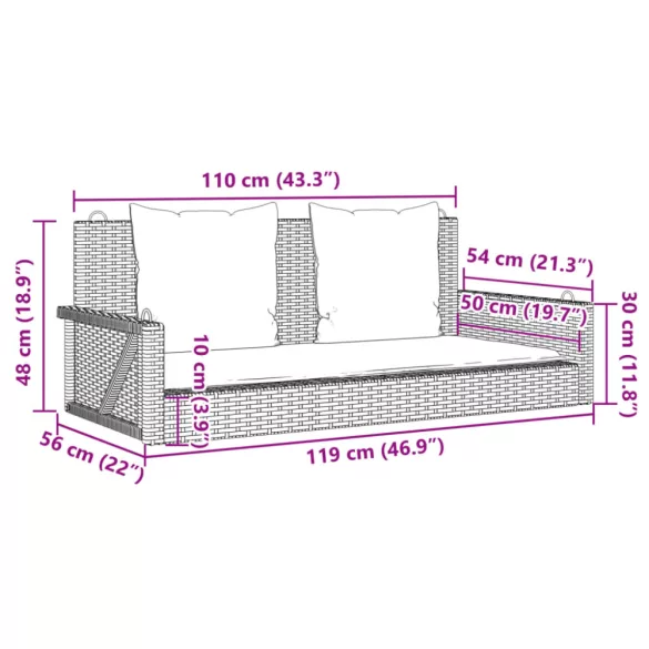 fekete polyrattan hintapad párnákkal 119 x 56 x 48 cm