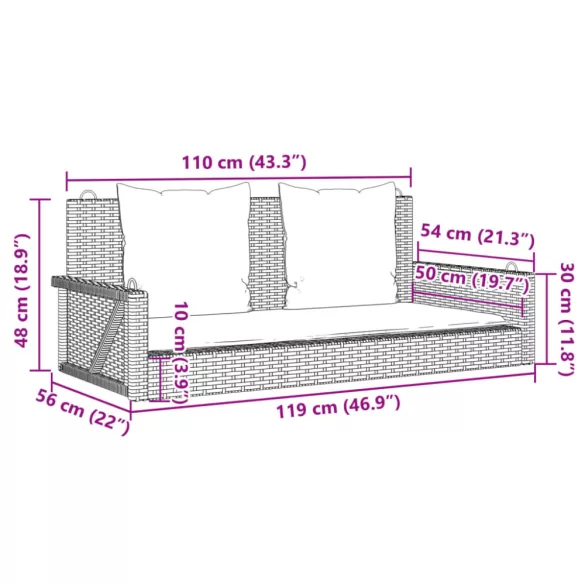 bézs polyrattan hintapad párnával 119 x 56 x 48 cm