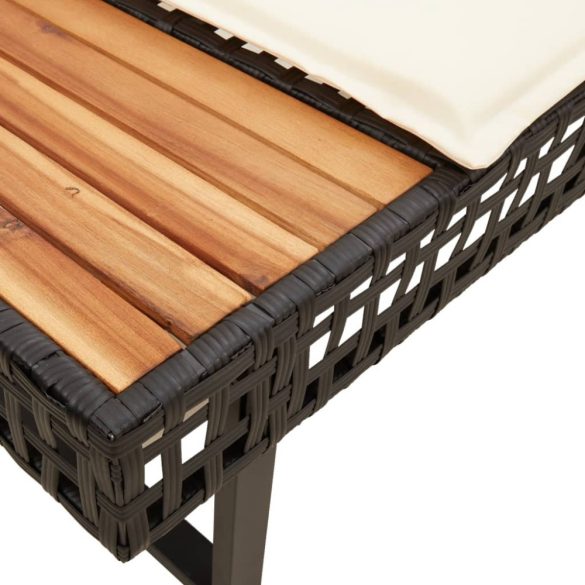 fekete polyrattan és akácfa L-alakú kerti kanapé párnával