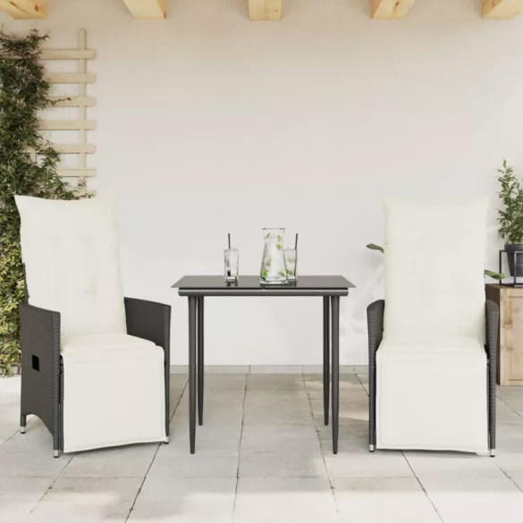 2 db fekete polyrattan dönthető kerti szék párnával
