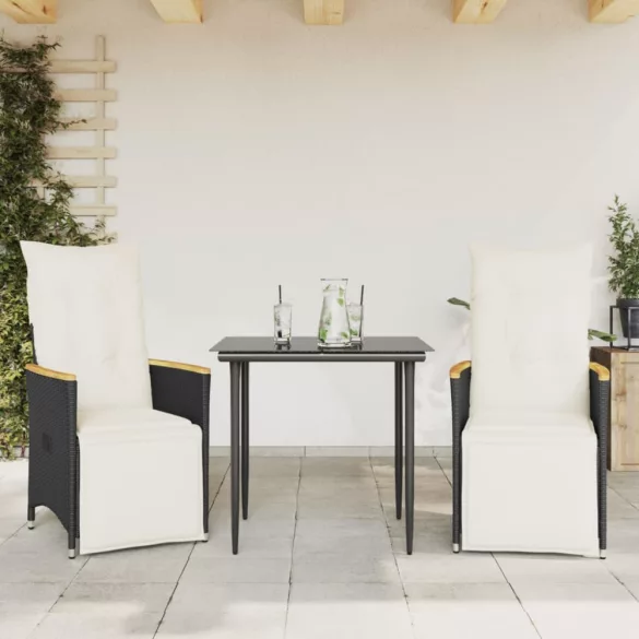 2 db fekete polyrattan dönthető kerti szék párnával