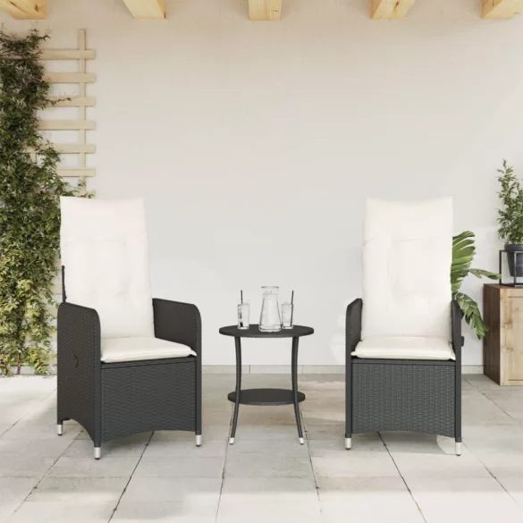 2 db fekete polyrattan dönthető kerti szék párnával