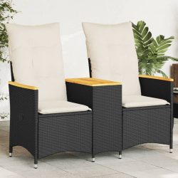   2 személyes fekete polyrattan dönthető kerti kanapé asztallal
