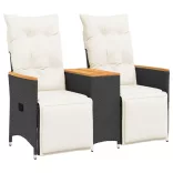 2 személyes fekete polyrattan dönthető kerti kanapé asztallal