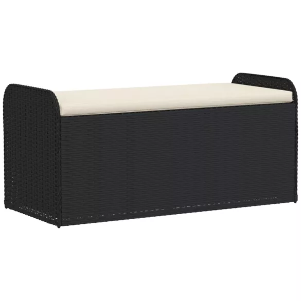 fekete polyrattan tárolópad párnával 115 x 51 x 52 cm