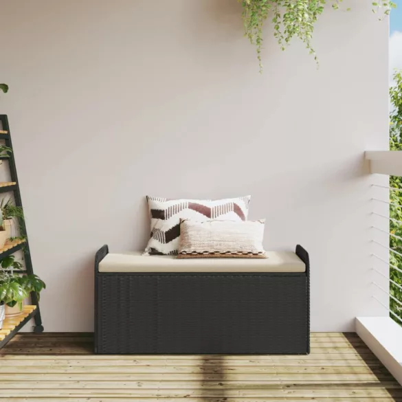 fekete polyrattan tárolópad párnával 115 x 51 x 52 cm