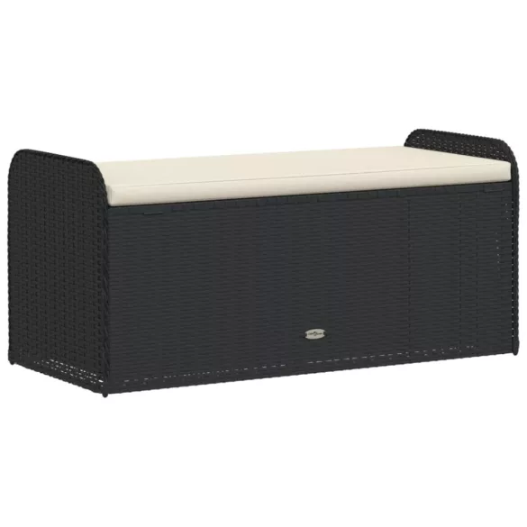 fekete polyrattan tárolópad párnával 115 x 51 x 52 cm