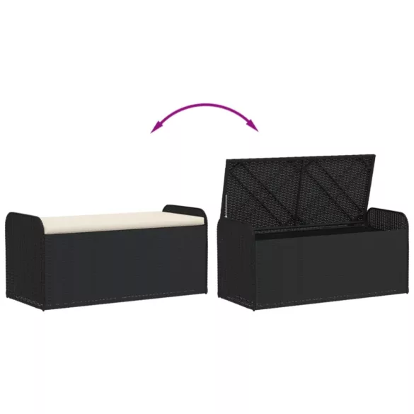 fekete polyrattan tárolópad párnával 115 x 51 x 52 cm