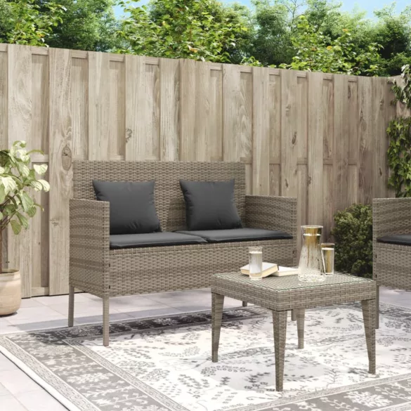 szürke polyrattan akácfa kerti pad párnával