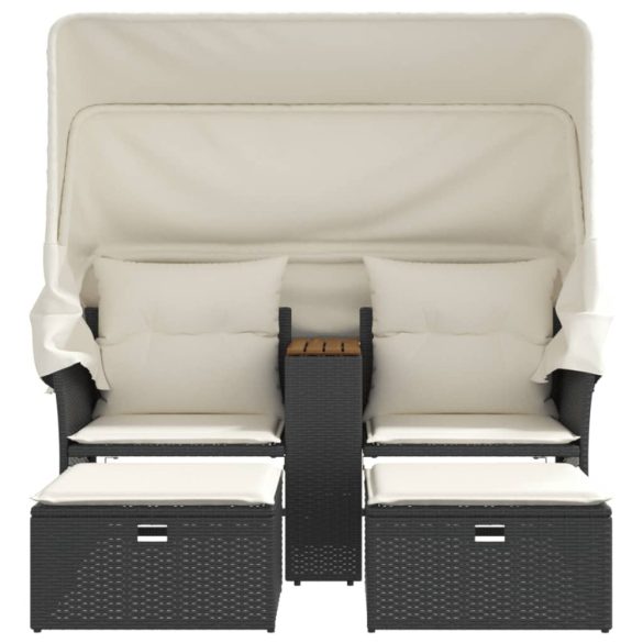 2 személyes fekete polyrattan kerti kanapé baldachinnal/székkel